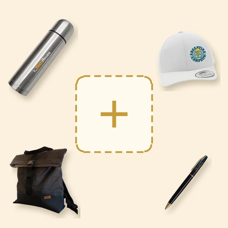 Armá tu propio box: elegís lo que va adentro (termo, gorra, mochila o lapicera con tu logo) y lo armamos con tu tarjeta y tu logo